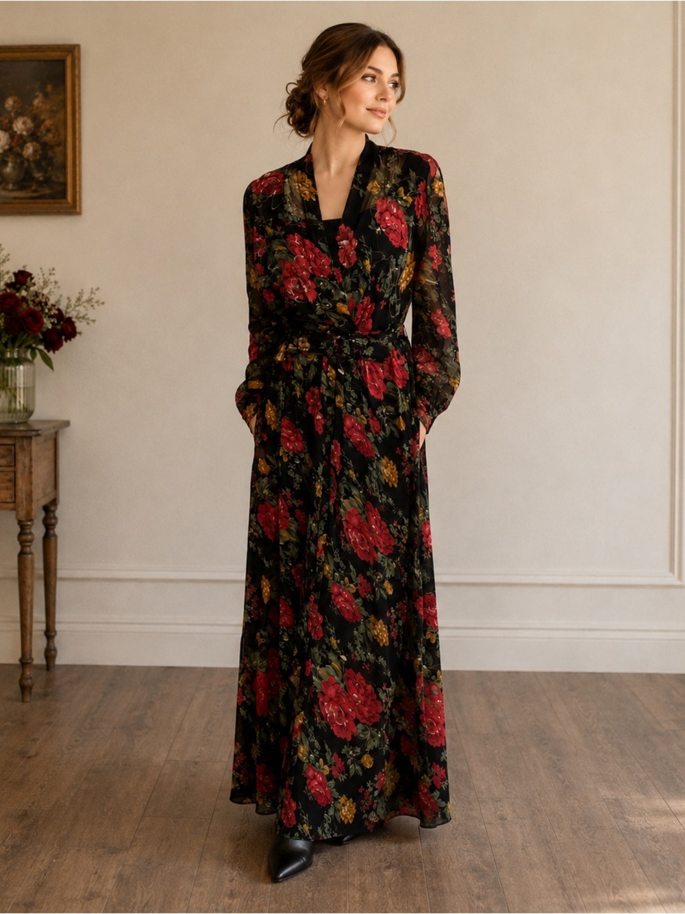 Vintage Impromptu Black Red Floral Print Maxi Dress Belted Sheer Sleeves Medium